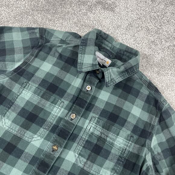 Carhartt Flannel Shirt Womens Small Gingham Plaid Button Up Outdoors Fall Green - Picture 1 of 10